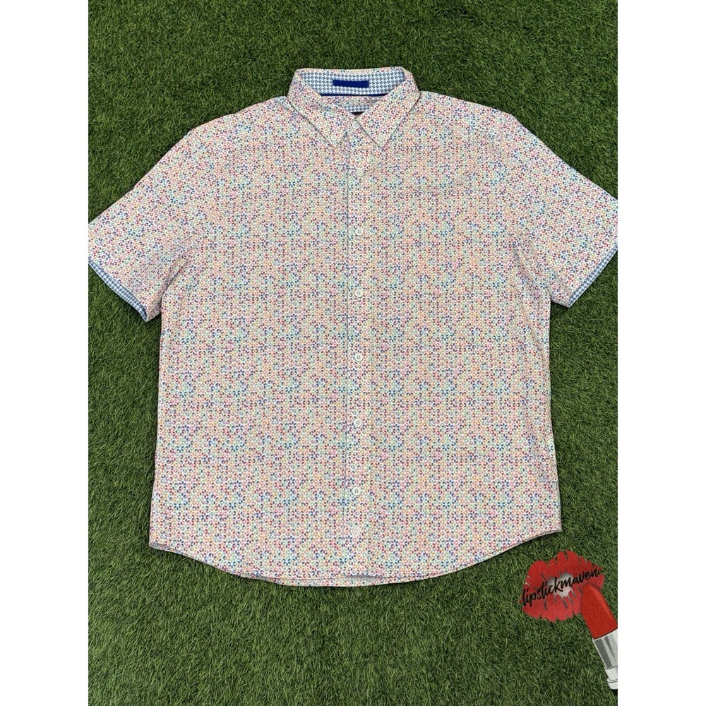 Johnston & Murphy‎ Shirt Mens Medium Geometric Print Colorful Button Up All Over